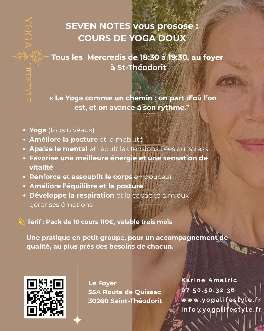 Affiche des cours de Yoga doux avec Karine Amalric — Yoga Lifestyle